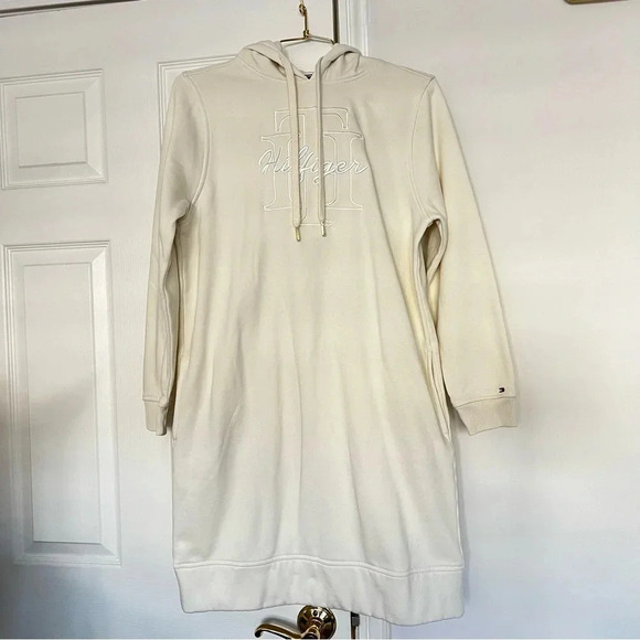 Tommy Hilfiger Hoodie Dress Size Medium Fleece Lined Cream Beige Long Sleeve - Picture 1 of 13